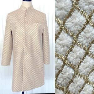 Vintage 60s Cream Gold Jacquard Quilted Coat Neutral Mandarin Collar Mad Men L